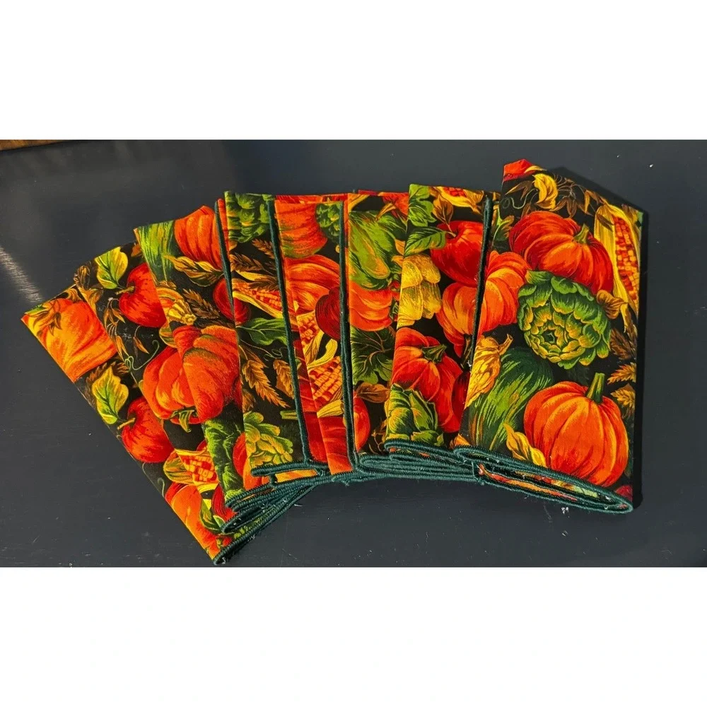 Handmade Fall Harvest Cloth Napkins Pumpkins Set of 8 Autumn Thanksgiving Vtg